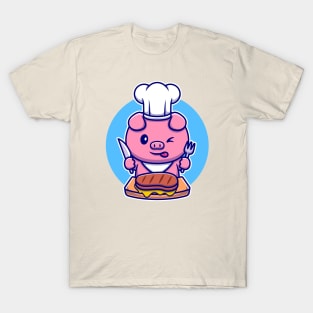 Cute Pig Chef Eating Beef Steak Cartoon T-Shirt